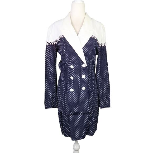Vintage 80s Rampage navy blue and white polka dot skirt blazer suit set 7 - Picture 1 of 11